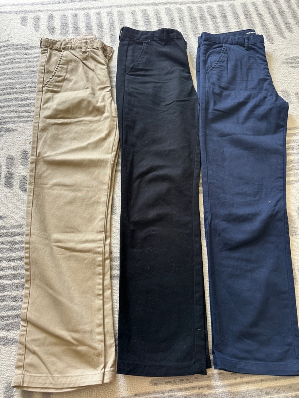 Three Pairs of Old Navy Straight-Leg Pants — Khaki, Black & Navy